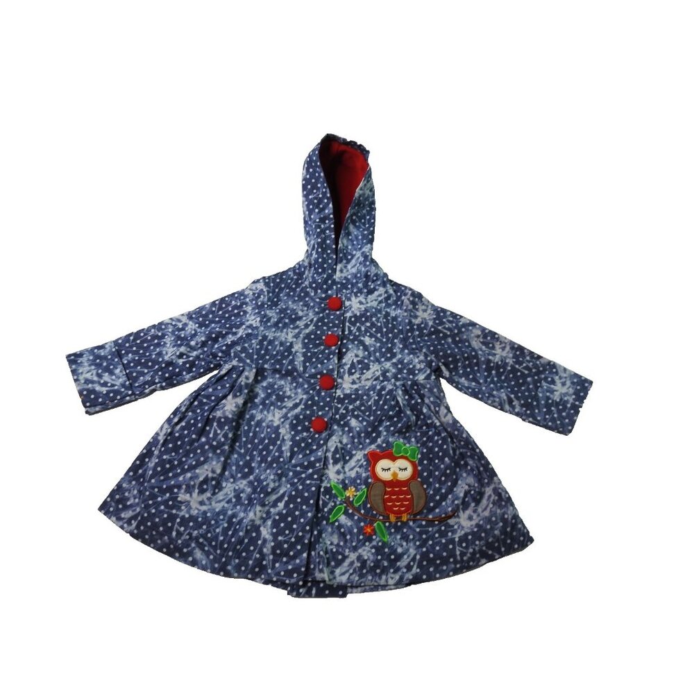 Maria Elena Girls 4T Hooded Coat Blue White Polka Dot Red Fleece Lined Owl Appli